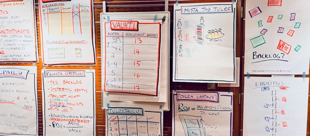CSPO-kurssin flipchart — priorisointi visuaalisesti hahmotettuna.